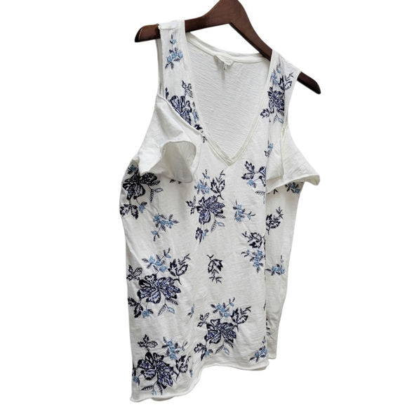Lucky Brand 100% Cotton White Blue Embroidered Flower Cold Shoulder Top Medium - Picture 3 of 7
